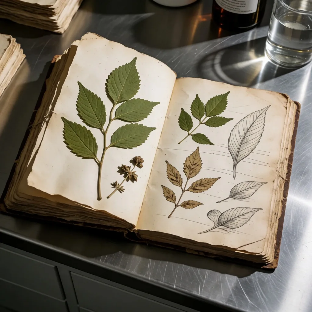 Open botanical journal with pressed leaves on steel surface