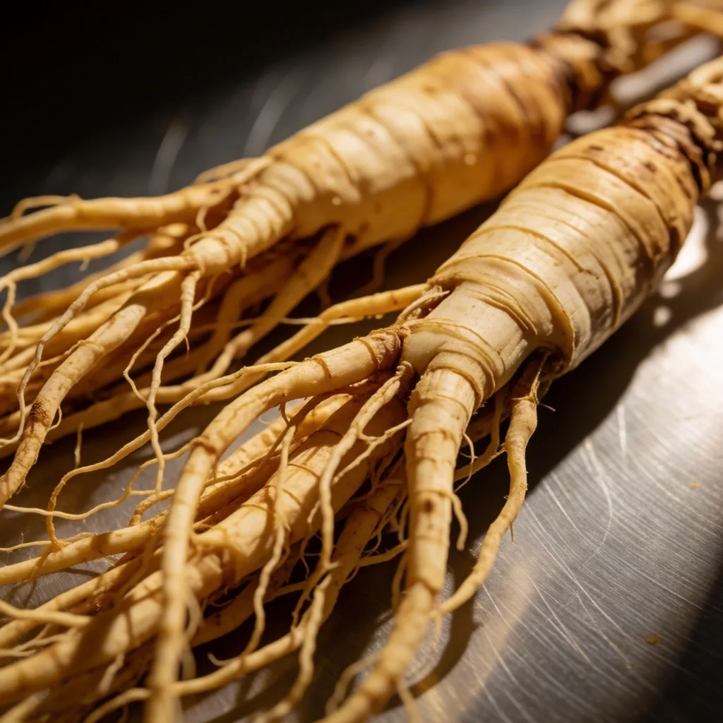 Fresh ginseng roots on brushed steel