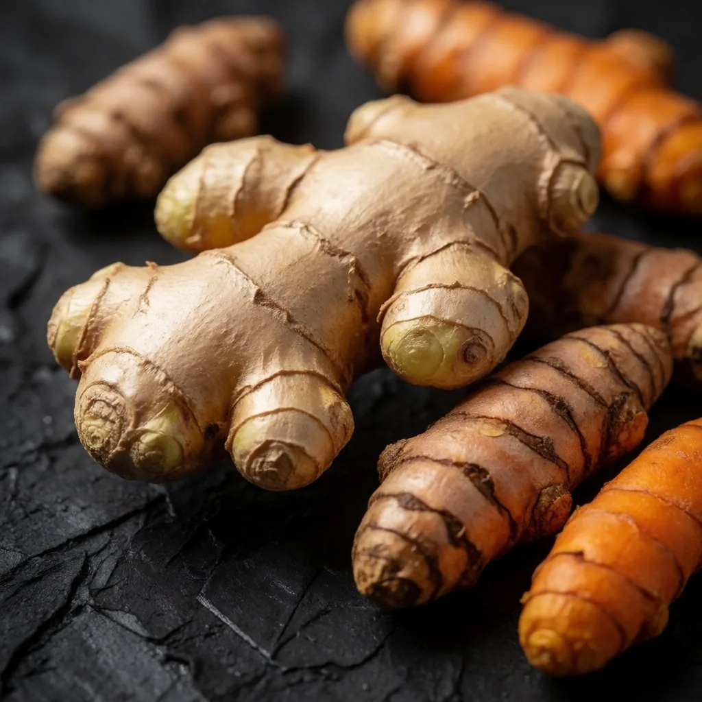 Ginger and turmeric rhizomes on dark slate